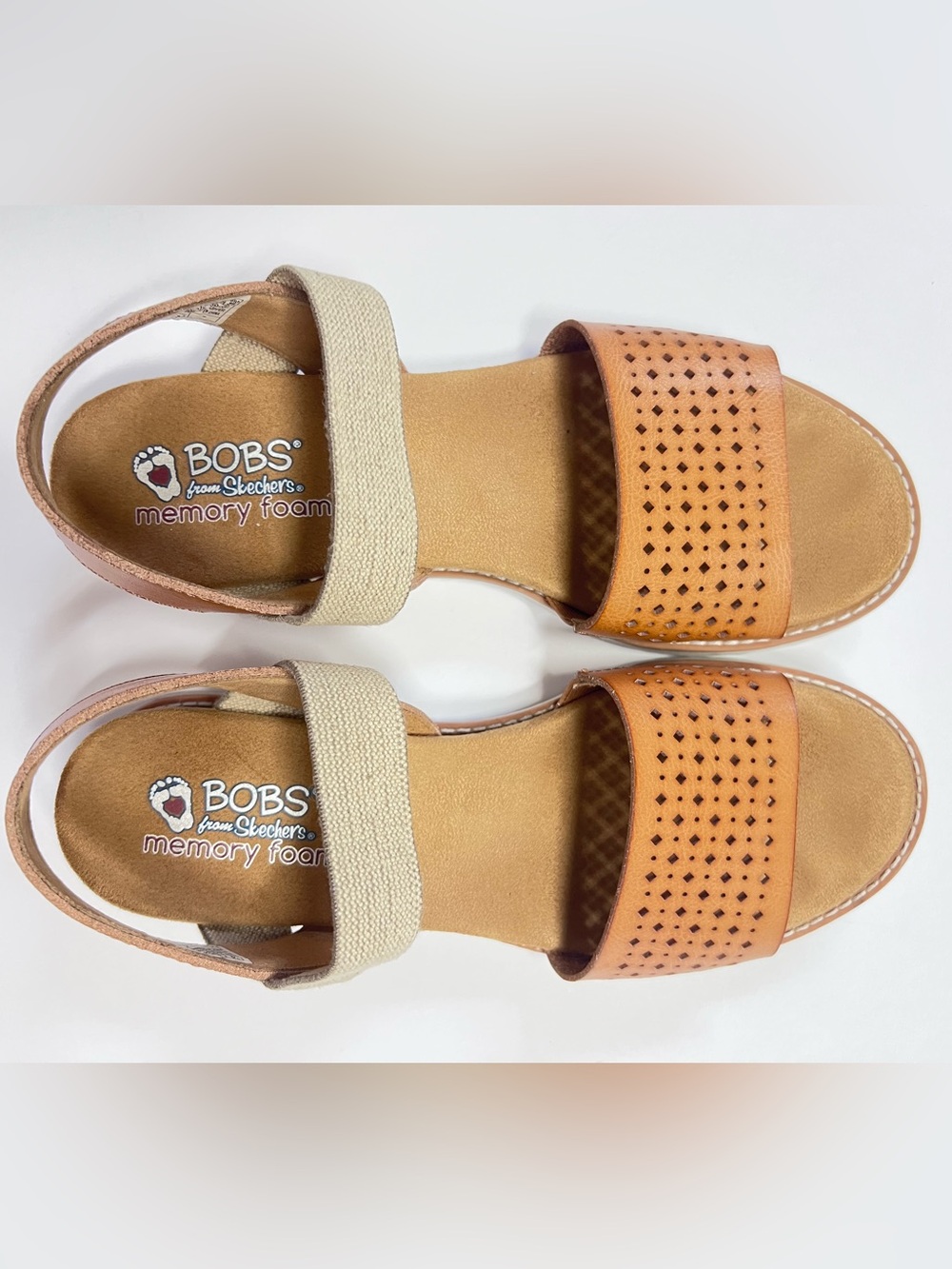 BOBS by Skechers Cork Wedge Sandals Tan Perforated Slingback Size 9